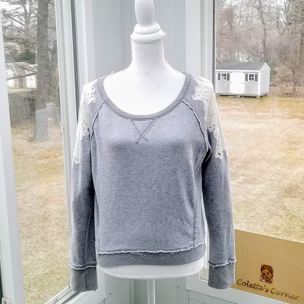 Free People Gray & White Tattered Lace Sweatshirt Top